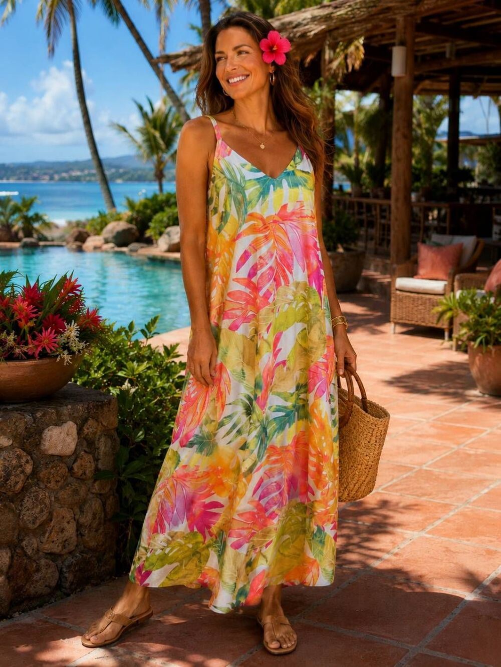 Tommy Bahama Womens Tropical Floral Palm Leaf Print Maxi Dress Medium